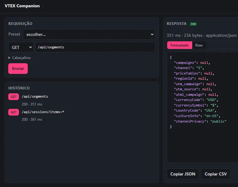 Painel VTEX dentro do DevTools, com a requisição à esquerda e a resposta 200 formatada à direita, mais o histórico das chamadas da sessão.