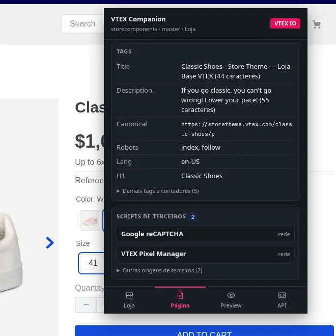 Popup na aba Página mostrando as tags de SEO da página (title, description, canonical, robots, lang e H1) e, abaixo, os scripts de terceiros detectados, Google reCAPTCHA e VTEX Pixel Manager.