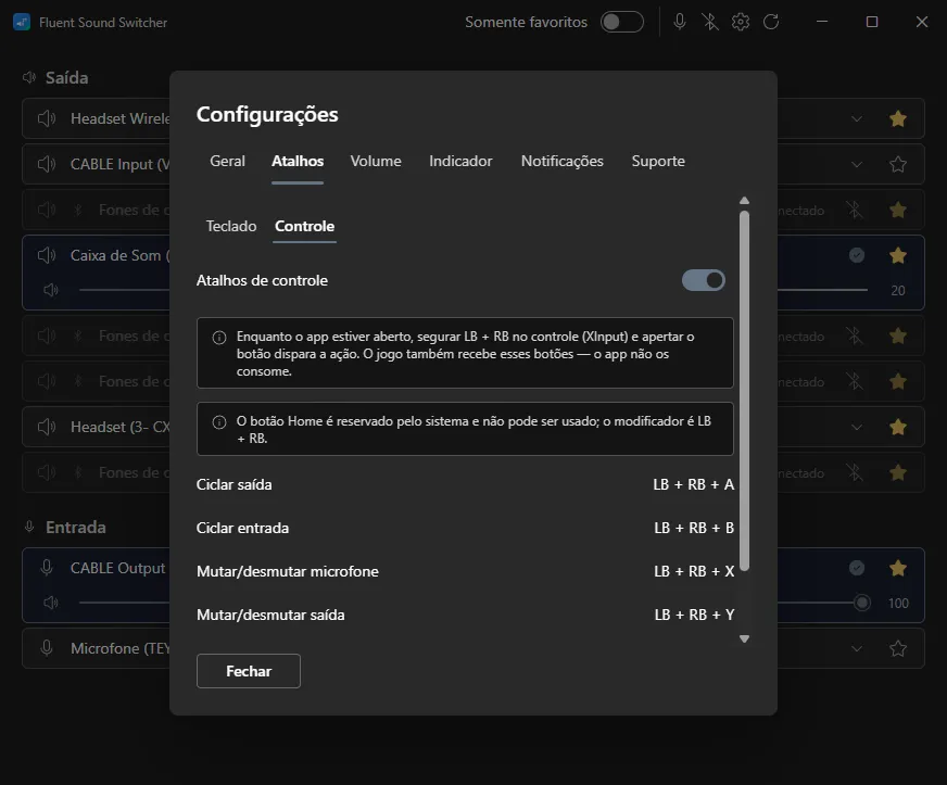 The Gamepad sub-tab of the Hotkeys tab, with the gamepad-shortcuts toggle on, the notes that the game also receives the buttons and that Home is reserved, and the list with cycle output on LB + RB + A, cycle input on LB + RB + B, mute microphone on LB + RB + X and mute output on LB + RB + Y.