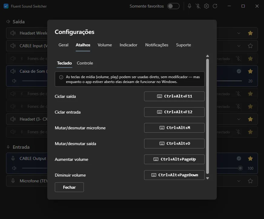 The Hotkeys tab of the settings, listing cycle output on Ctrl+Alt+F11, cycle input on Ctrl+Alt+F12, mute microphone, mute output and the two volume actions, with the note about media keys at the top.