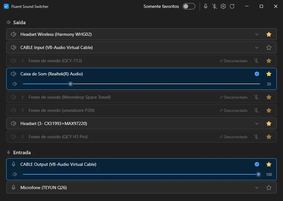 The Fluent Sound Switcher window with the Output and Input lists: the device in use highlighted with its volume slider open, favourites starred, and three disconnected headsets dimmed but keeping their place in the list.