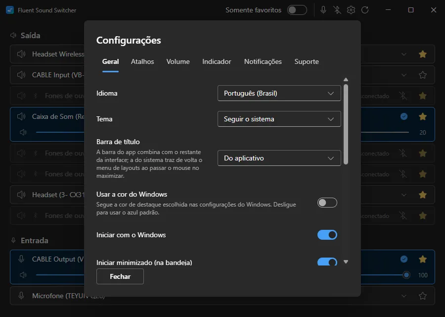 The General tab of the settings, with language Português (Brasil), theme following the system, the app-drawn title bar, and the toggles for the Windows colour, start with Windows and start minimised.