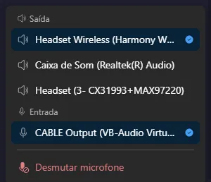 The tray flyout with output favourites, input favourites, the device in use checked, and the Unmute microphone button at the bottom.