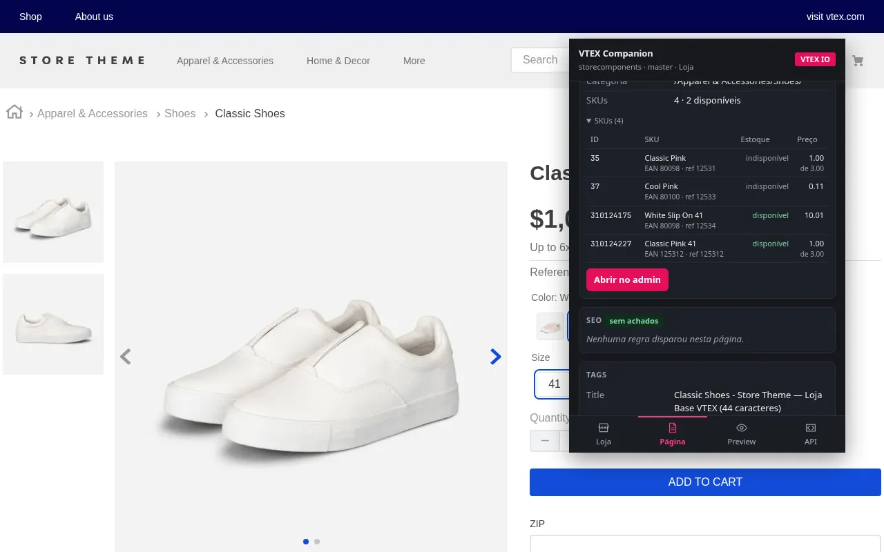 Popup do VTEX Companion aberto sobre uma página de produto, mostrando a tabela de SKUs com ID, nome, EAN, referência, estoque e preço, e o botão Abrir no admin.