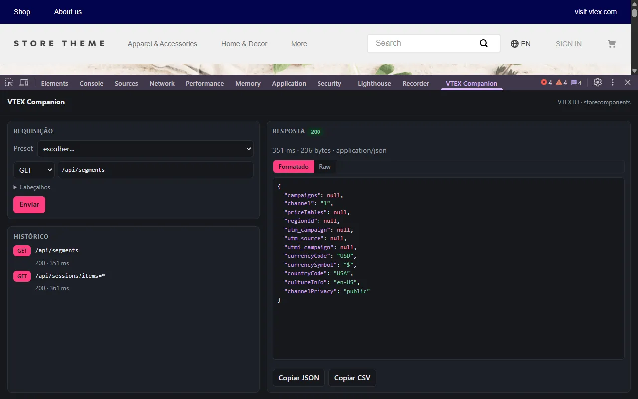 Painel VTEX dentro do DevTools, com a requisição à esquerda e a resposta 200 formatada à direita, mais o histórico das chamadas da sessão.