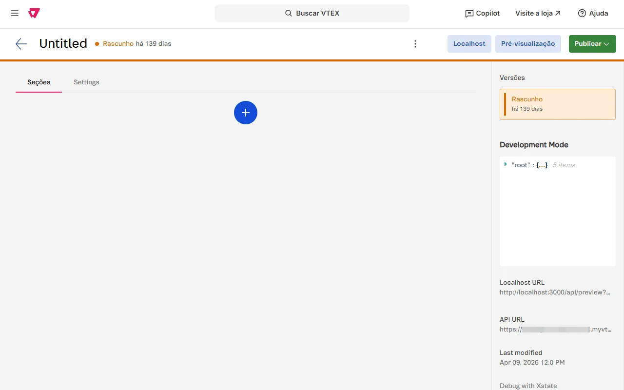 Admin do CMS do FastStore com o botão Localhost injetado ao lado de Pré-visualização, e o painel Development Mode mostrando um Localhost URL clicável ao lado do API URL.
