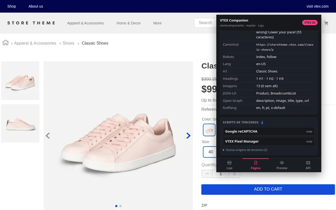 Popup na aba Página mostrando a tabela de achados de SEO e, abaixo, os scripts de terceiros detectados com Meta Pixel, Google reCAPTCHA e VTEX Pixel Manager.
