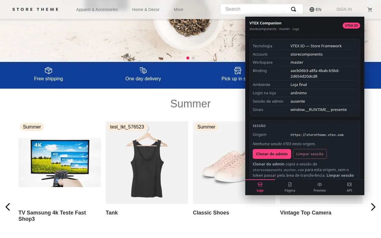 Popup na aba Loja sobre uma loja FastStore, mostrando os sinais de detecção e o bloco de sessão com os botões de entrar com token, clonar do admin e limpar.